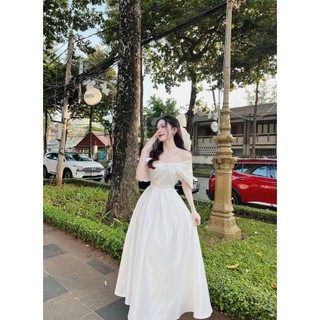 Đầm công chúa dáng dài xòe bồng màu trắng dể thương sang chảnh, đầm xòe trể vai chất tapta đính cườm