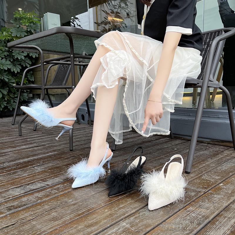 Giày Cao Gót Bít Mũi Phối Lông Chồn Thời Trang Mùa Hè Dành Cho Nữ Có size Lớn 34-42