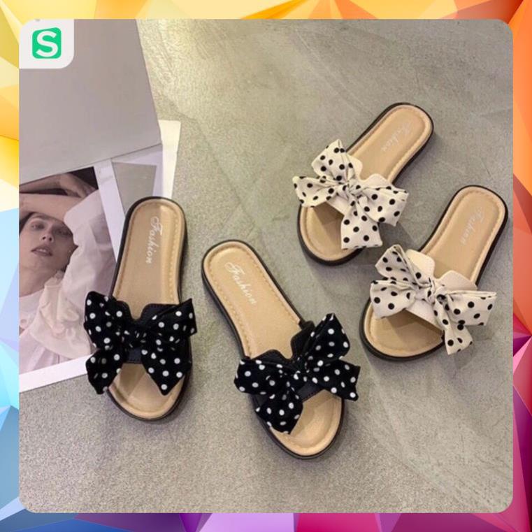 Dép Nữ Đế Bằng Đính Nơ Hoạ Tiết chấm bi chữ H dễ thương