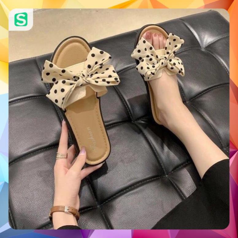 Dép Nữ Đế Bằng Đính Nơ Hoạ Tiết chấm bi chữ H dễ thương