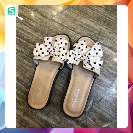 Dép Nữ Đế Bằng Đính Nơ Hoạ Tiết chấm bi chữ H dễ thương