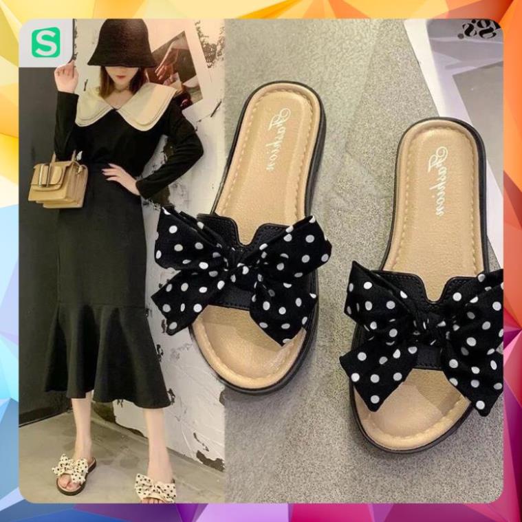 Dép Nữ Đế Bằng Đính Nơ Hoạ Tiết chấm bi chữ H dễ thương
