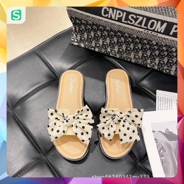 Dép Nữ Đế Bằng Đính Nơ Hoạ Tiết chấm bi chữ H dễ thương