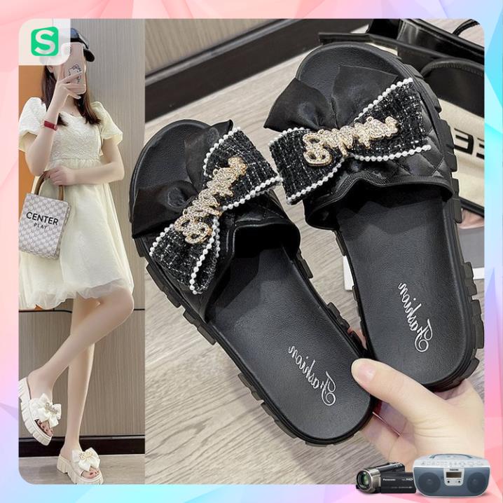 Dép Nữ Quai Ngang Đính Nơ Chữ Độn Đế Răng Cưa Siêu Đẹp