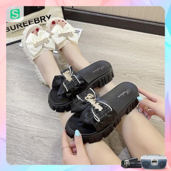 Dép Nữ Quai Ngang Đính Nơ Chữ Độn Đế Răng Cưa Siêu Đẹp