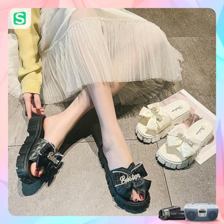 Dép Nữ Quai Ngang Đính Nơ Chữ Độn Đế Răng Cưa Siêu Đẹp