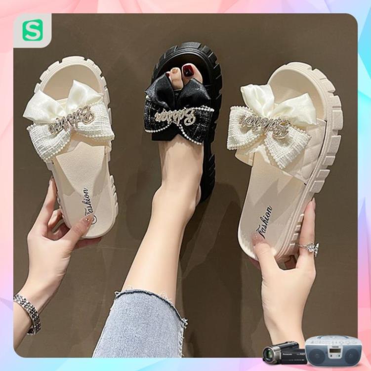 Dép Nữ Quai Ngang Đính Nơ Chữ Độn Đế Răng Cưa Siêu Đẹp