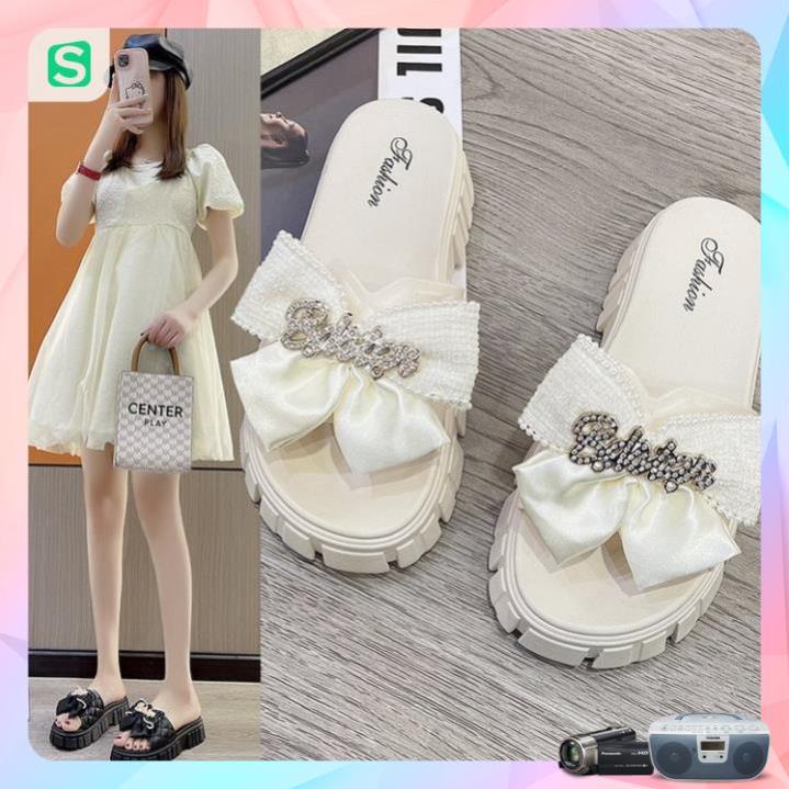 Dép Nữ Quai Ngang Đính Nơ Chữ Độn Đế Răng Cưa Siêu Đẹp