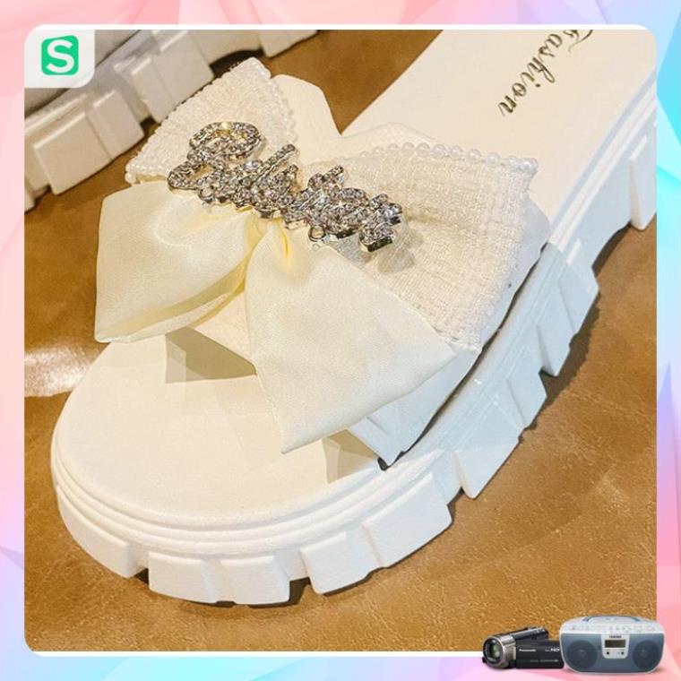 Dép Nữ Quai Ngang Đính Nơ Chữ Độn Đế Răng Cưa Siêu Đẹp