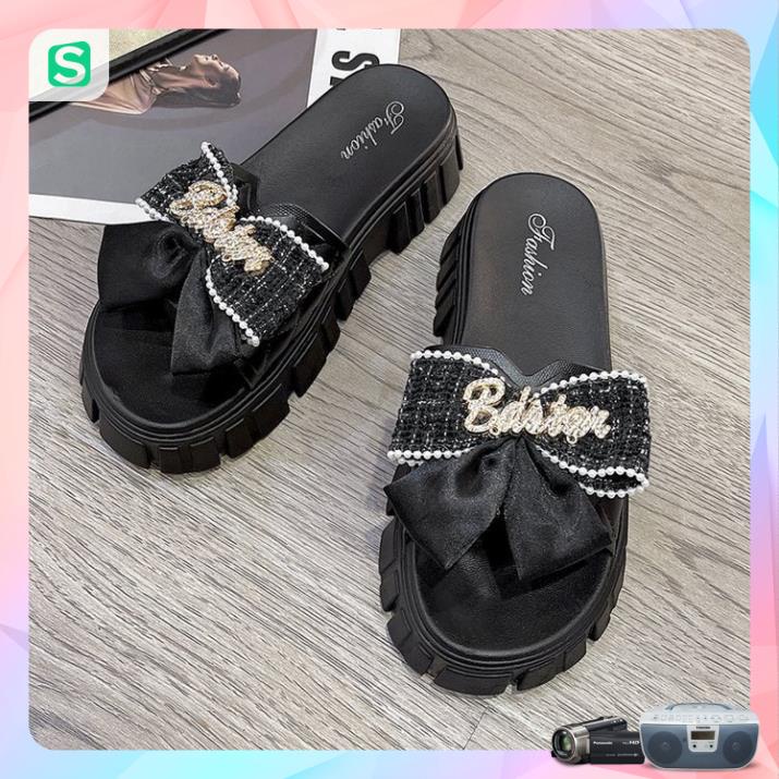 Dép Nữ Quai Ngang Đính Nơ Chữ Độn Đế Răng Cưa Siêu Đẹp