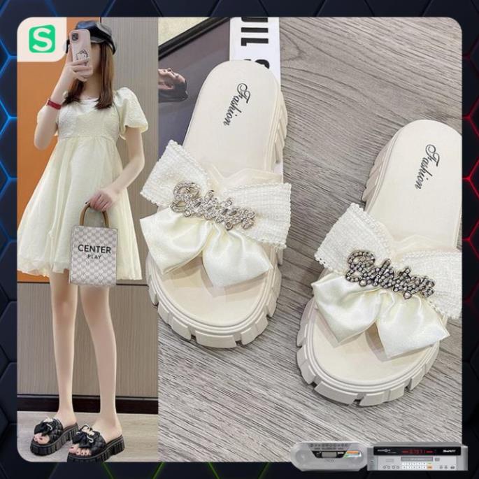 Dép Nữ Quai Ngang Đính Nơ Chữ Độn Đế Răng Cưa Siêu Đẹp