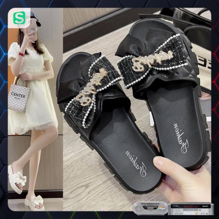 Dép Nữ Quai Ngang Đính Nơ Chữ Độn Đế Răng Cưa Siêu Đẹp