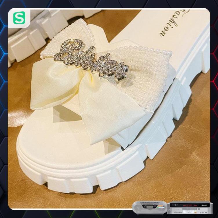 Dép Nữ Quai Ngang Đính Nơ Chữ Độn Đế Răng Cưa Siêu Đẹp