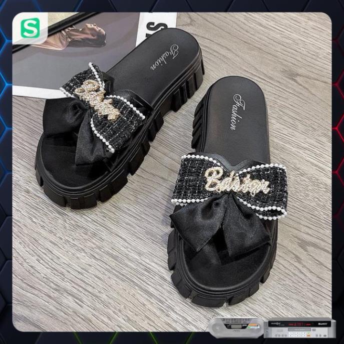 Dép Nữ Quai Ngang Đính Nơ Chữ Độn Đế Răng Cưa Siêu Đẹp