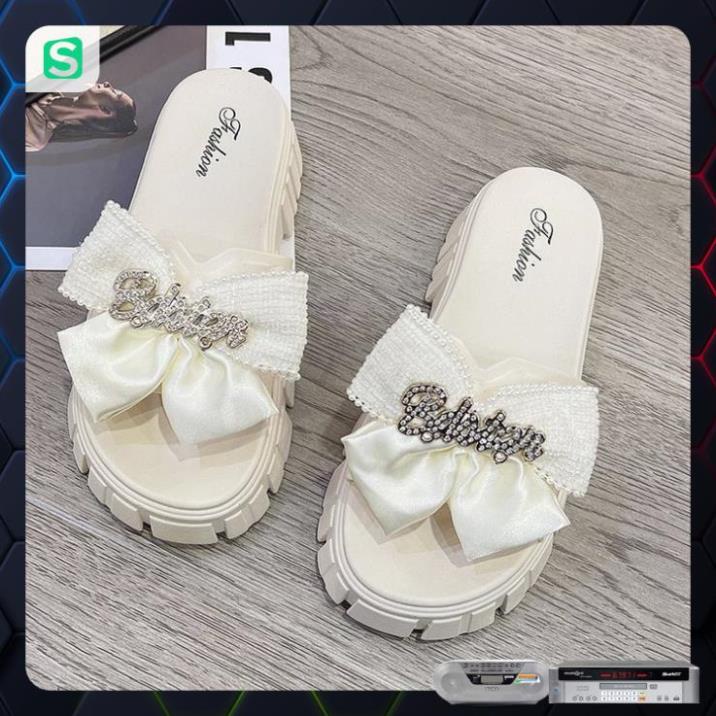 Dép Nữ Quai Ngang Đính Nơ Chữ Độn Đế Răng Cưa Siêu Đẹp