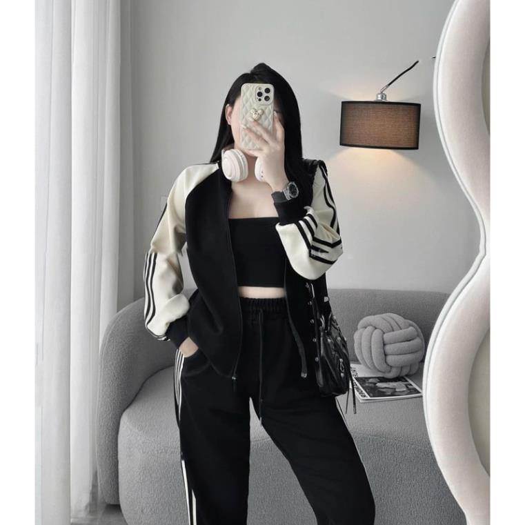 Set bộ thể thao nữ kéo khoá phối màu đen be hot