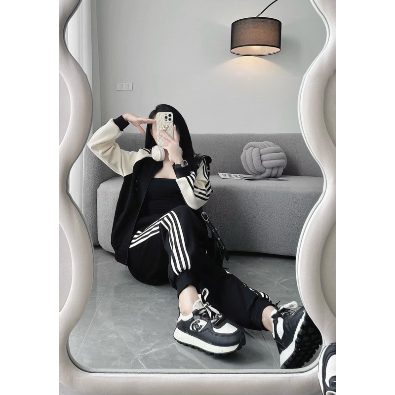 Set bộ thể thao nữ kéo khoá phối màu đen be hot