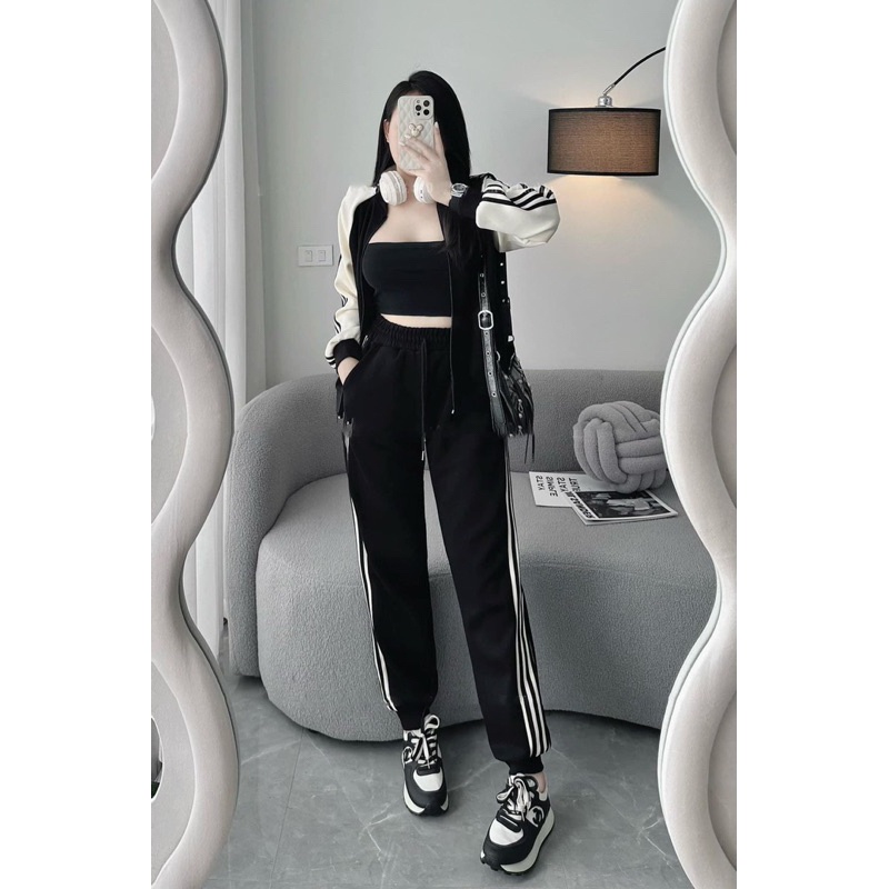Set bộ thể thao nữ kéo khoá phối màu đen be hot