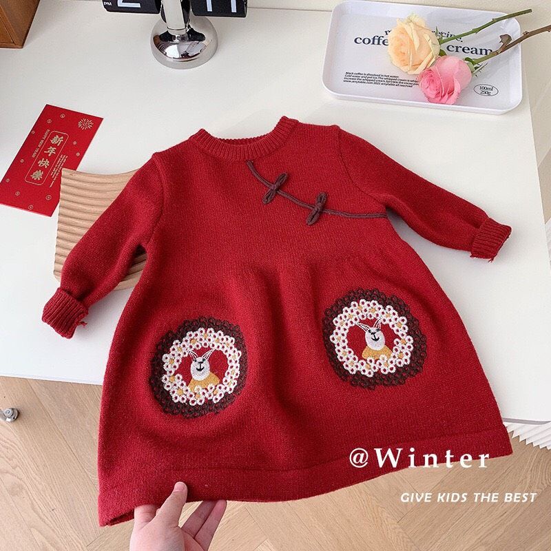 Váy len đỏ bé gái 🍓Hàng QCCC🍓 Váy len thu đông bé gái size 73-130