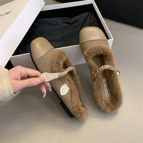 Dép cotton Đế Bằng Phối Lông Xinh Xắn Theo Phong Cách 2023 Dành Cho Nữ