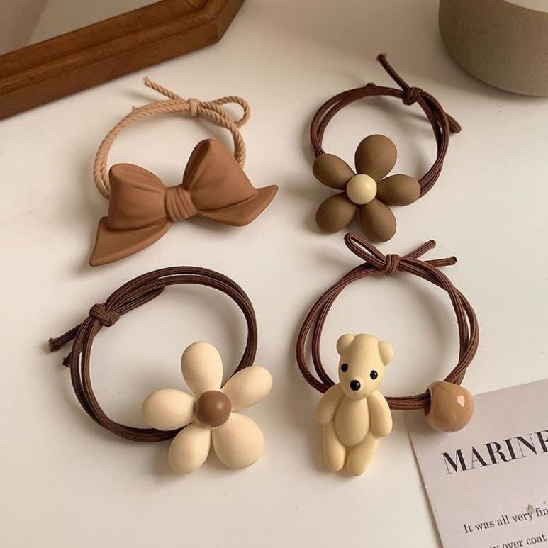 Dây cột tóc nữ co giãn tông màu nâu trắng in họa tiết gấu hoa nơ phong cách tiểu thư dễ thương