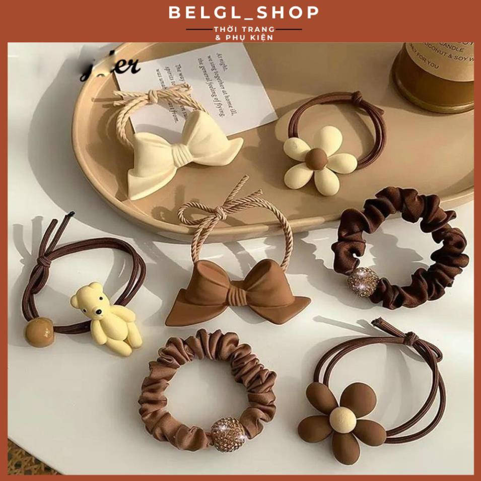 Dây cột tóc nữ co giãn tông màu nâu trắng in họa tiết gấu hoa nơ phong cách tiểu thư dễ thương