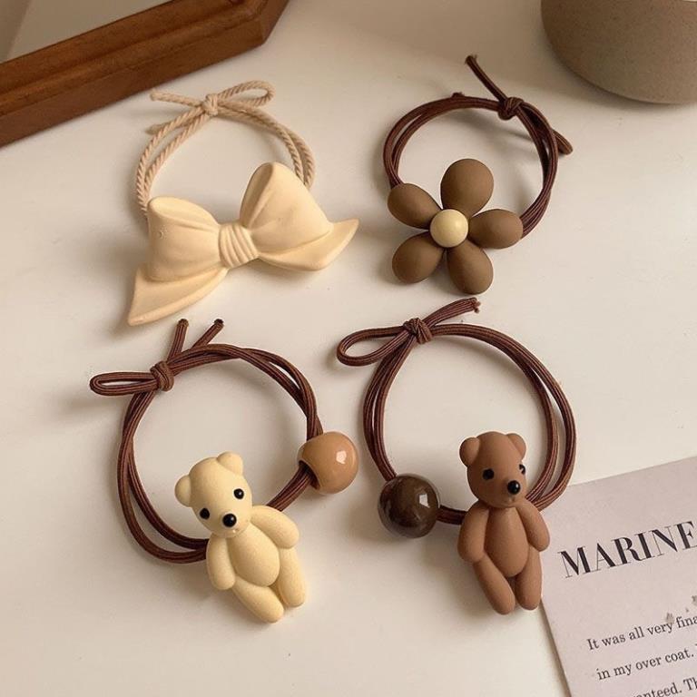 Dây cột tóc nữ co giãn tông màu nâu trắng in họa tiết gấu hoa nơ phong cách tiểu thư dễ thương