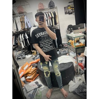 Quần Jean Nam Phượt  VLADAK Đính Đá Xanh Sẫm Loang Tua Vàng, Quần bò Vladak hoạ tiết đính đá bản cao cấp, sành điệu