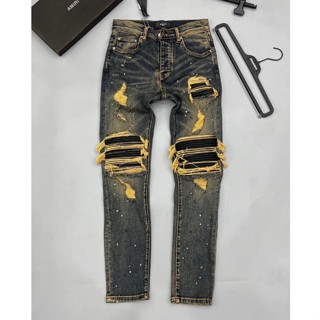 Quần JEAN AMIRI Xanh Rêu Tua Vàng Vá Da 4 Cúc Quần Bò Nam Xanh Sẫm Lót Da Cao Cấp!