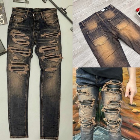 Quần Jean Nam Amiri Boy Phố Rách Tua Nâu Đất 4 cúc, quần bò Amiri vá da nhăn cứng 4 khuy chất co giãn hot trend 