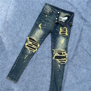 Quần Jean Nam Xanh Rêu Vẩy Sơn Vá Da Đen Quần Bò Nam Xanh Sẫm Vladak Lót Da Cao Cấp Co Dãn !