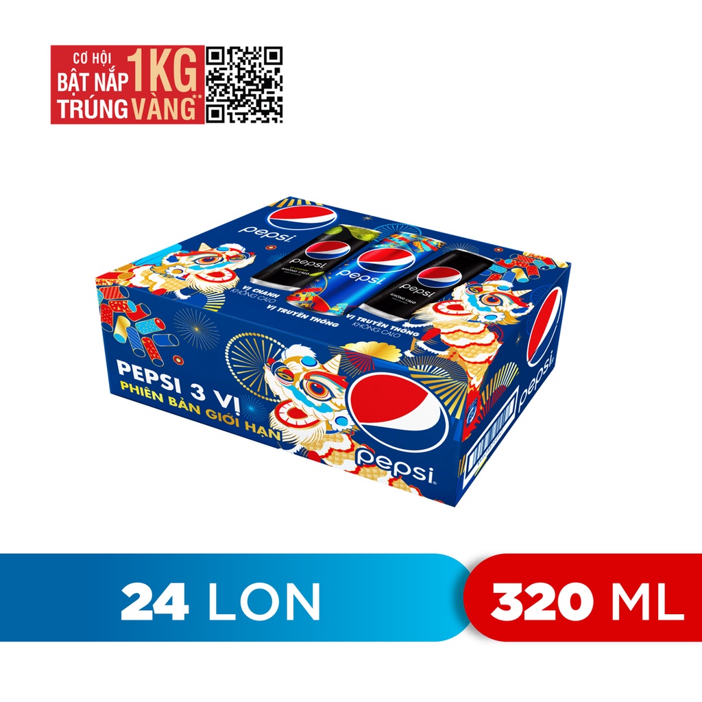 Thùng 24 Lon Nước Uống Có Gaz Pepsi Mix 3 vị (320ml/Lon) HSD 20/07/2023