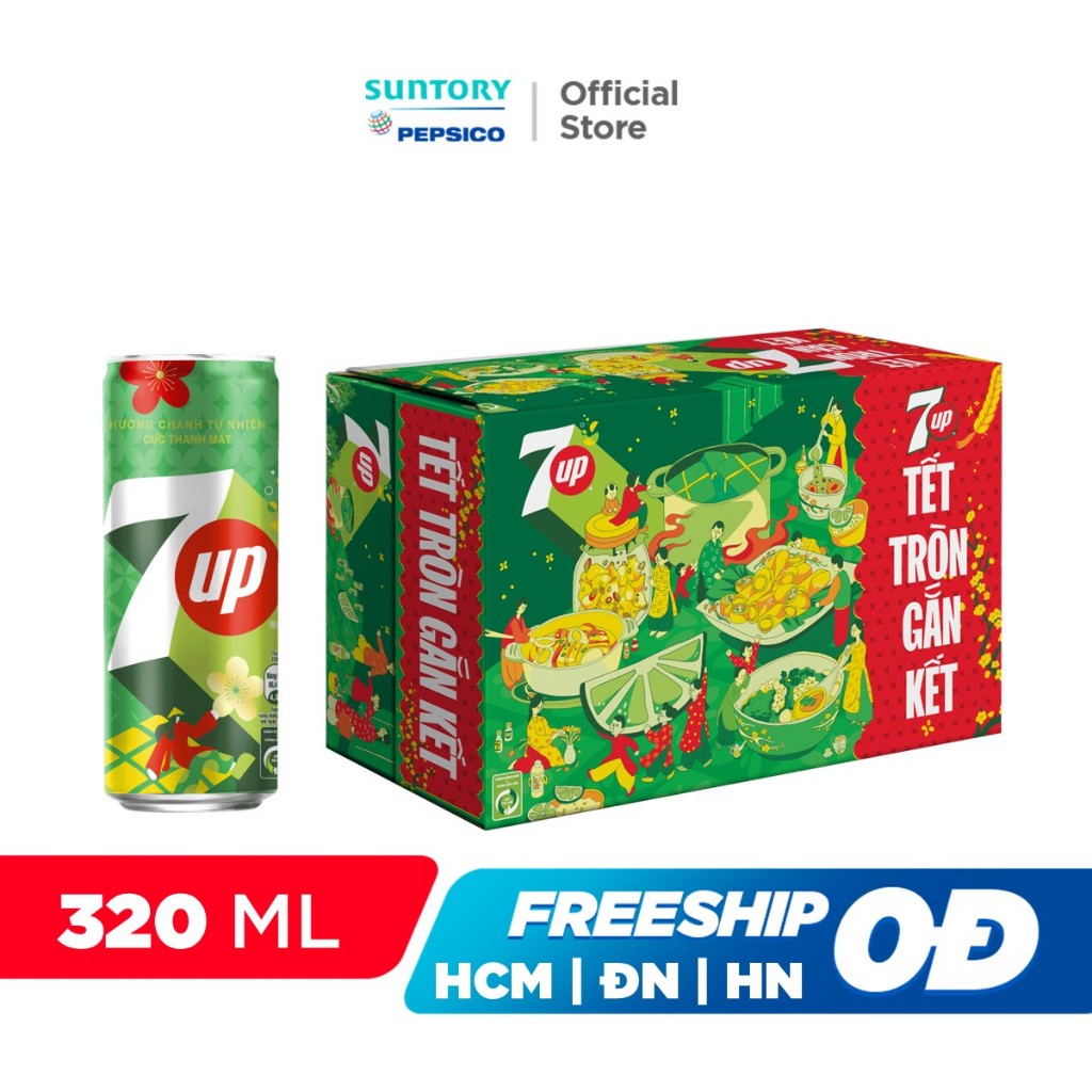 [DEAL SÔC 300K KÈM LY]Thùng 24 Lon Nước Ngọt Có Gaz 7Up Lon Xanh (320ml/lon)