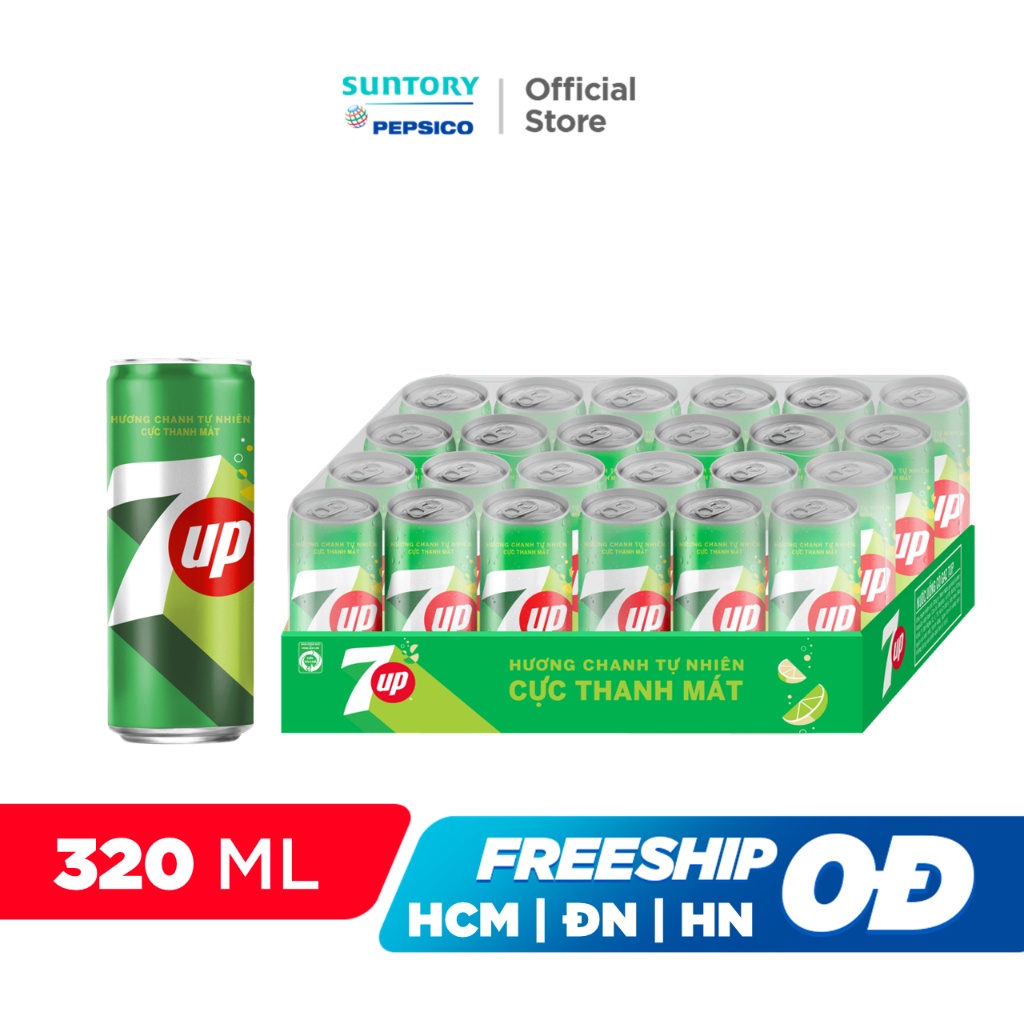 [DEAL SÔC 300K KÈM LY]Thùng 24 Lon Nước Ngọt Có Gaz 7Up Lon Xanh (320ml/lon)