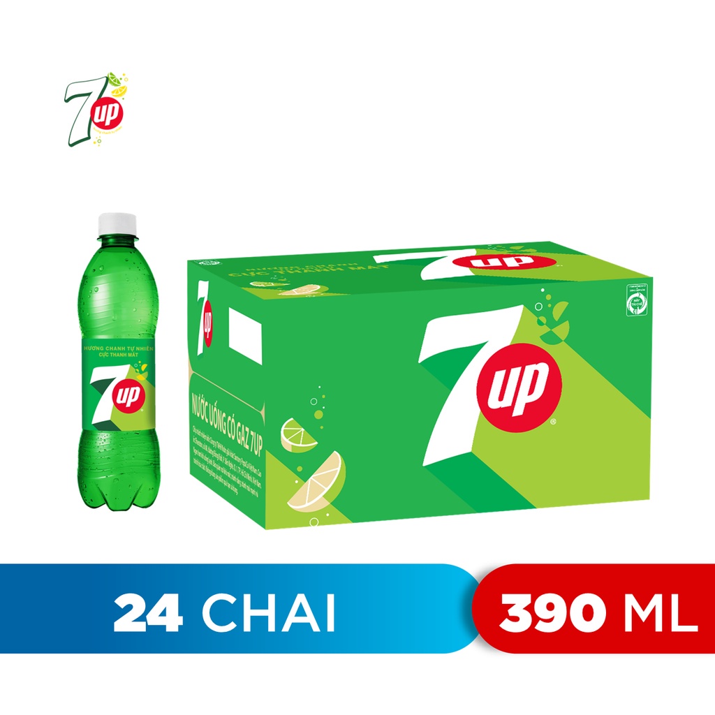 Thùng 24 Chai Nước Ngọt Có Gaz 7Up (390ml/chai)