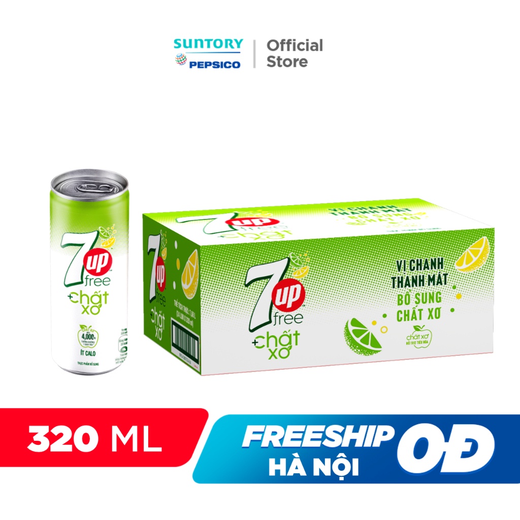 Thùng 24 Lon Nước Uống Có Gaz 7UP Ít Calo Bổ Sung Chất Xơ (320ml/lon)