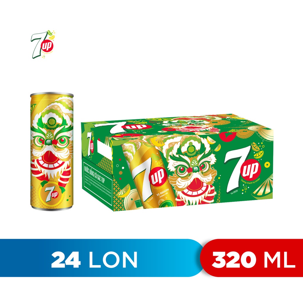 Thùng 24 Lon Nước Ngọt Có Gaz 7Up Lon Vàng (320ml/lon)