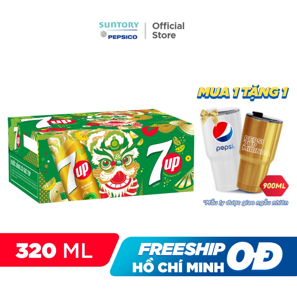 Thùng 24 Lon Nước Ngọt Có Gaz 7Up Lon Vàng (320ml/lon)