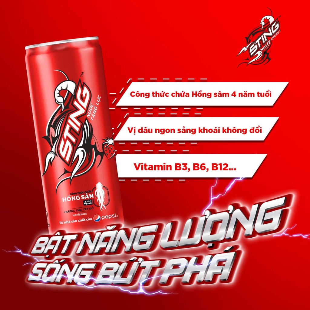 [HỎA TỐC] Thùng 24 Lon Nước Tăng Lực Sting Dâu (320ml/lon)