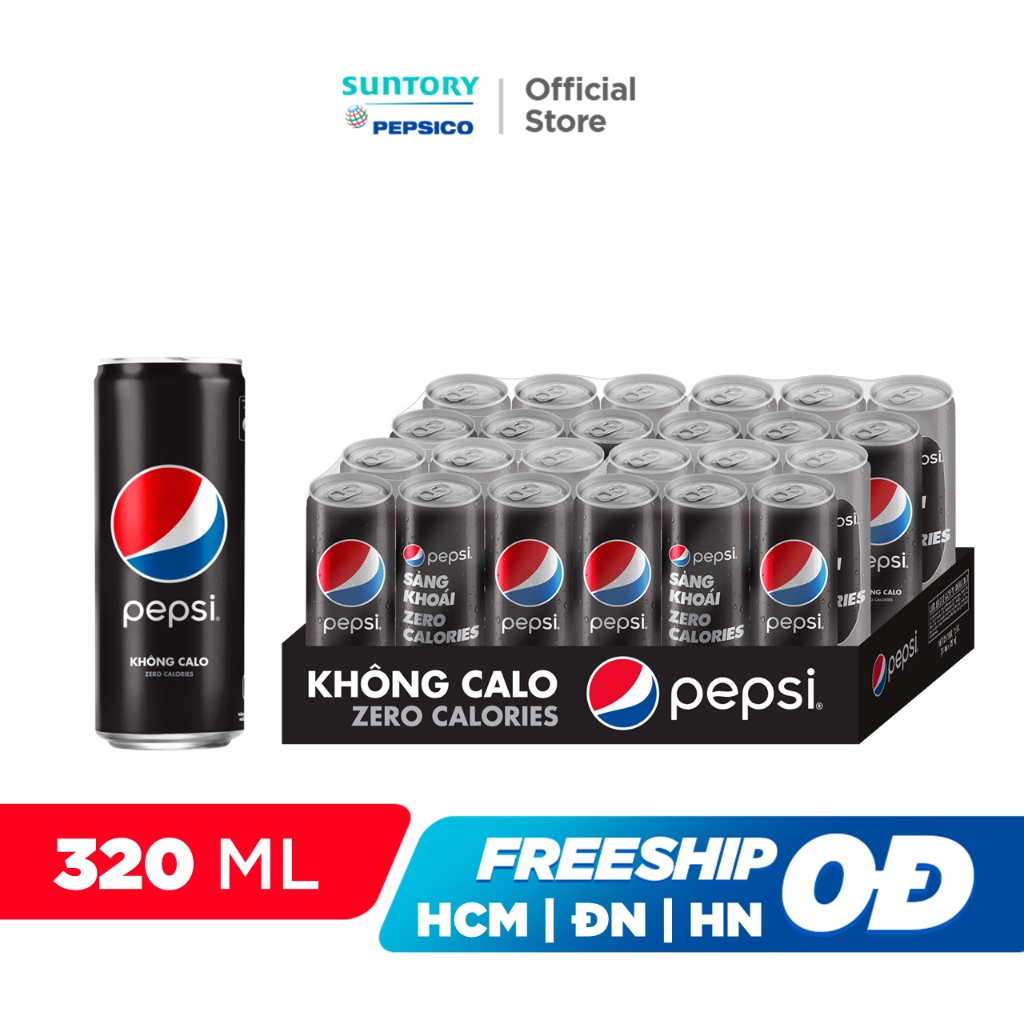 [DEAL SỐC KÈM LY]Thùng 24 Lon Nước Uống Có Gaz Pepsi Không Calo (320ml/lon)