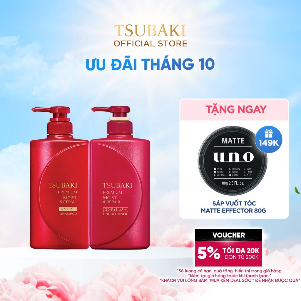 Bộ đôi gội xả Dưỡng tóc bóng mượt Premium Moist Tsubaki (490ml/chai)