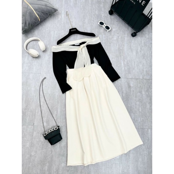 SET VÁY TƠ VON TRỄ VAI MIX CHÂN VÁY XÒE