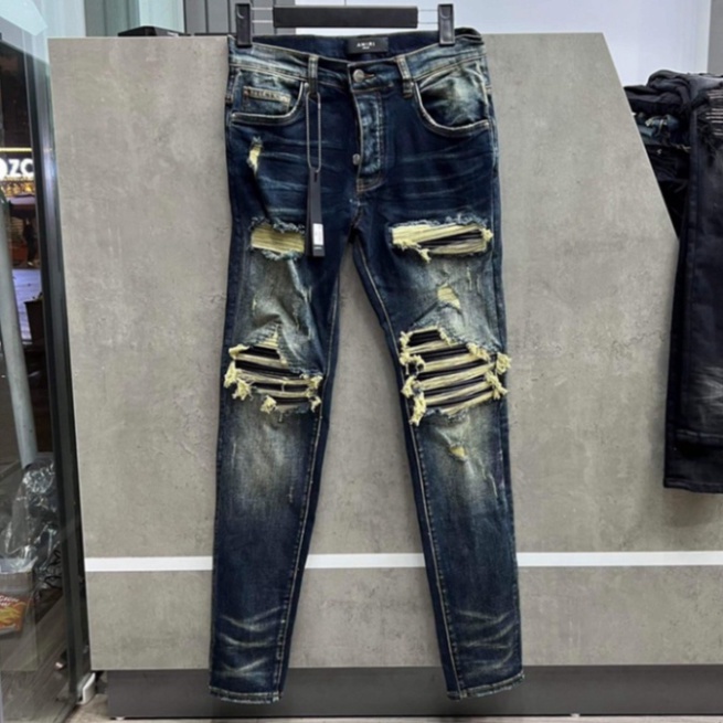 Quần Jean Nam Xanh Rêu Vá Da Cứng AMIRI Bản Chuẩn 4 Khuy - Quần bò nam dáng slimfit 4 cúc bản like_Au