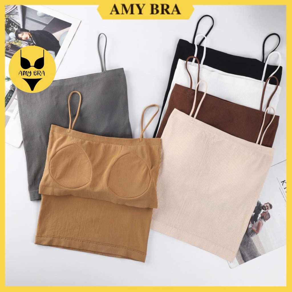 Áo 2 Dây Cotton Gân Tăm Mút Mỏng - Bra Dáng Lửng Co Dãn 4 Chiều AMYBRA B1808