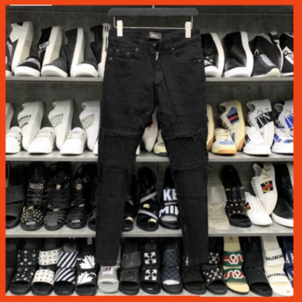 Quần jean bò nam slimfit Amiri đen gối rách xước vá vải nhăn phối khoá zip ống chân phong cách streetwear J014 99 88