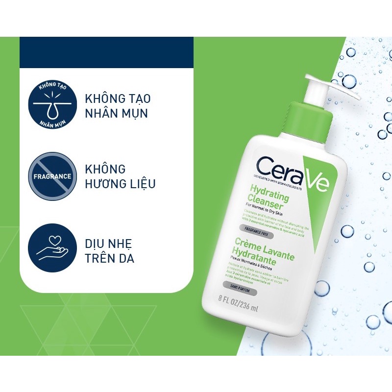 Sữa rửa mặt CeraVe làm sạch da cấp ẩm dành cho da dầu da khô da nhạy cảm 236ML