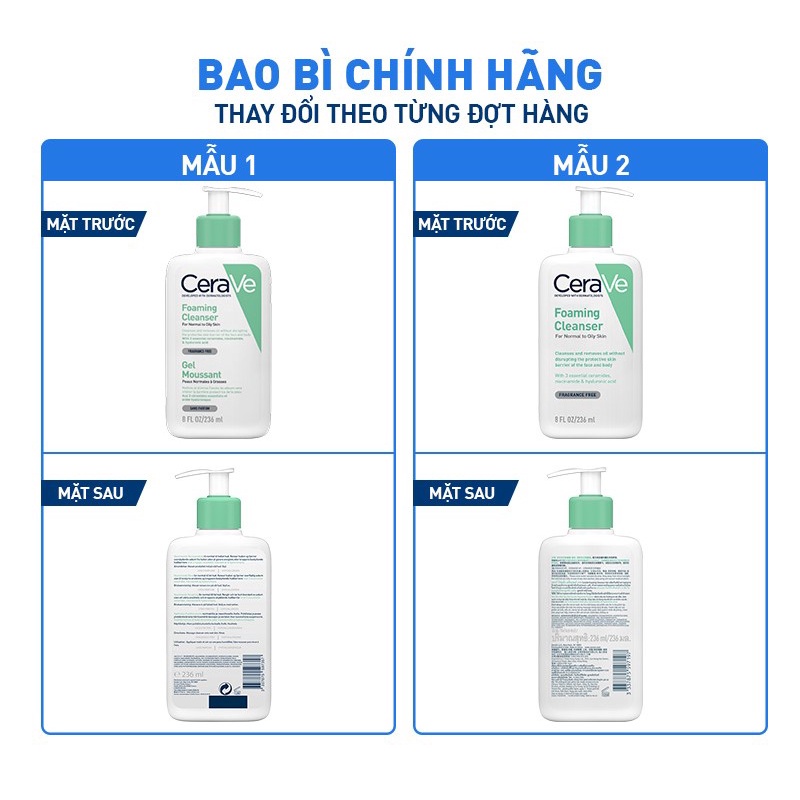 Sữa rửa mặt CeraVe làm sạch da cấp ẩm dành cho da dầu da khô da nhạy cảm 236ML