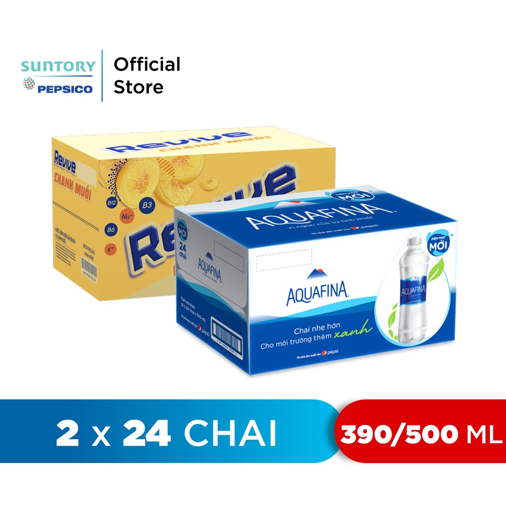 Combo Thùng 24 Chai Revive Chanh Muối (390ml/chai) và Thùng 24 Chai Aquafina (500ml/chai)