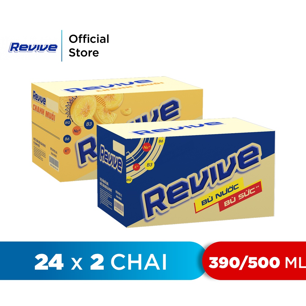 Combo Thùng 24 Chai Revive (500ml/chai) và Thùng 24 Chai Revive Chanh Muối (390ml/chai)