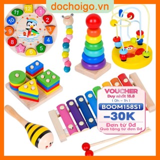 Đồ chơi trí tuệ cho bé, combo 7 món - đàn gỗ, tháp gỗ, luồn hạt, sâu gỗ, đồng hồ gỗ, thả hình 4 trụ, lục lạc